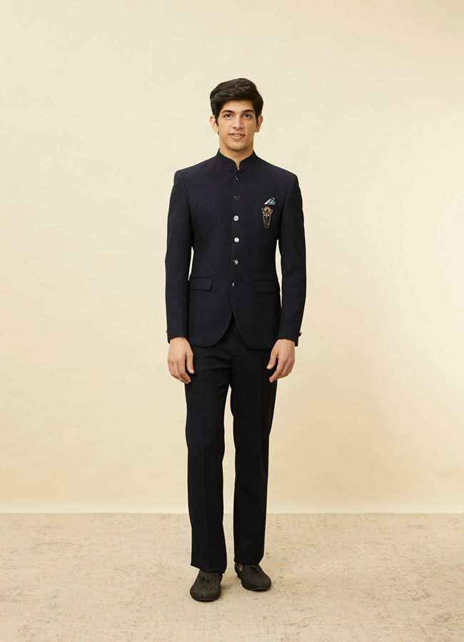 alt message - Manyavar Men Twilight Blue Textured Jodhpuri Suit image number 2
